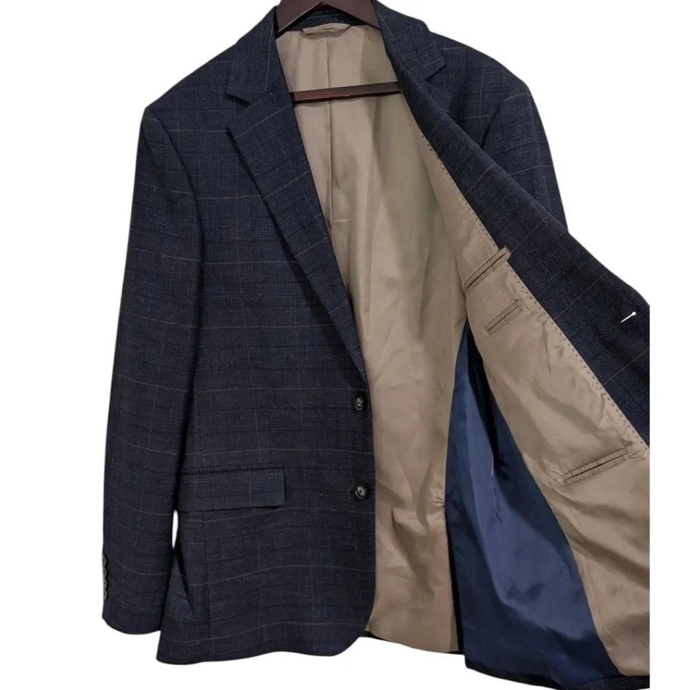 MOSS (Moss Bros) Navy Windowpane Plaid Blazer 44L Tailored Fit